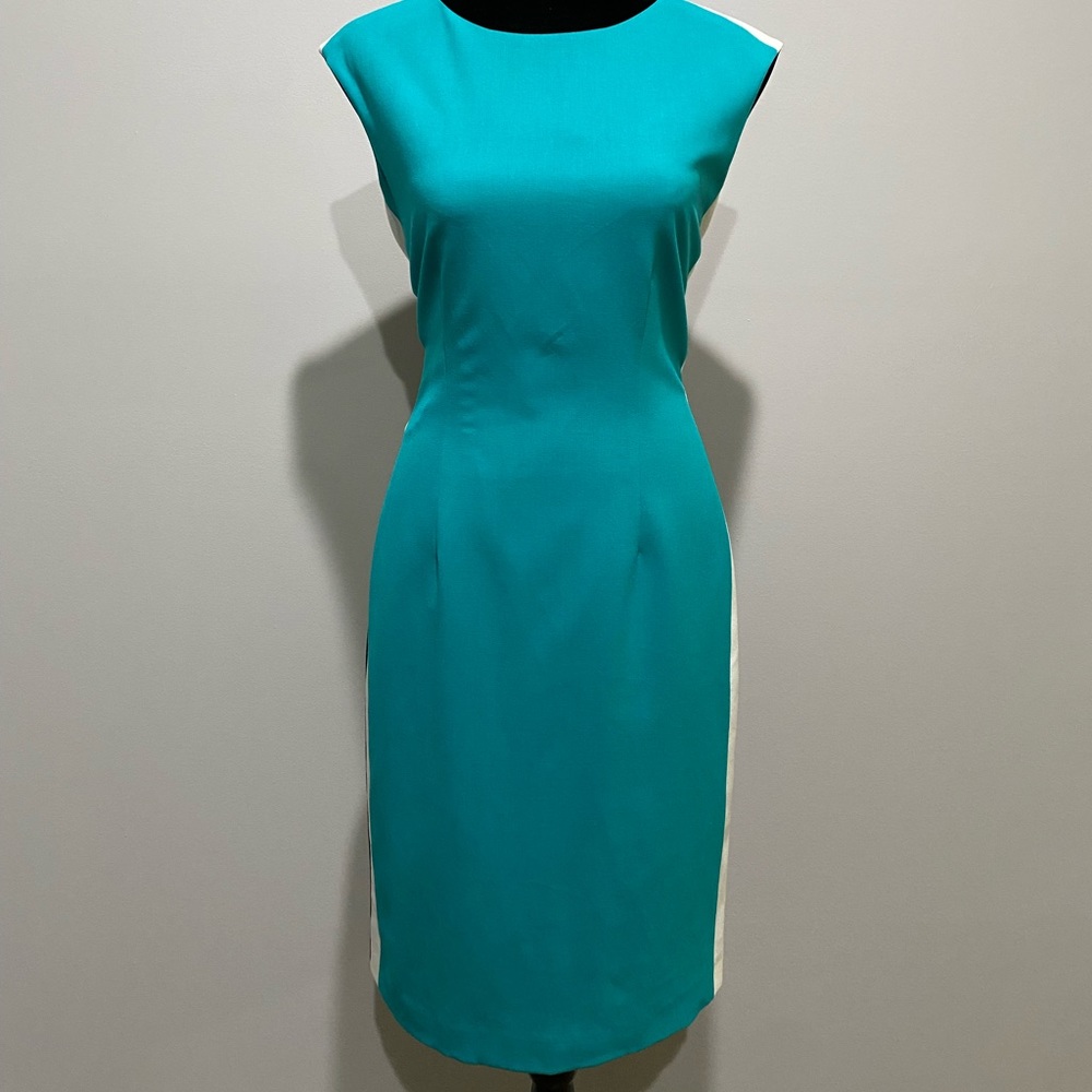 Calvin Klein dress, teal front, black back, white stripe, size 4
